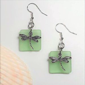 Light Green Sea Glass Dragonfly Earrings
